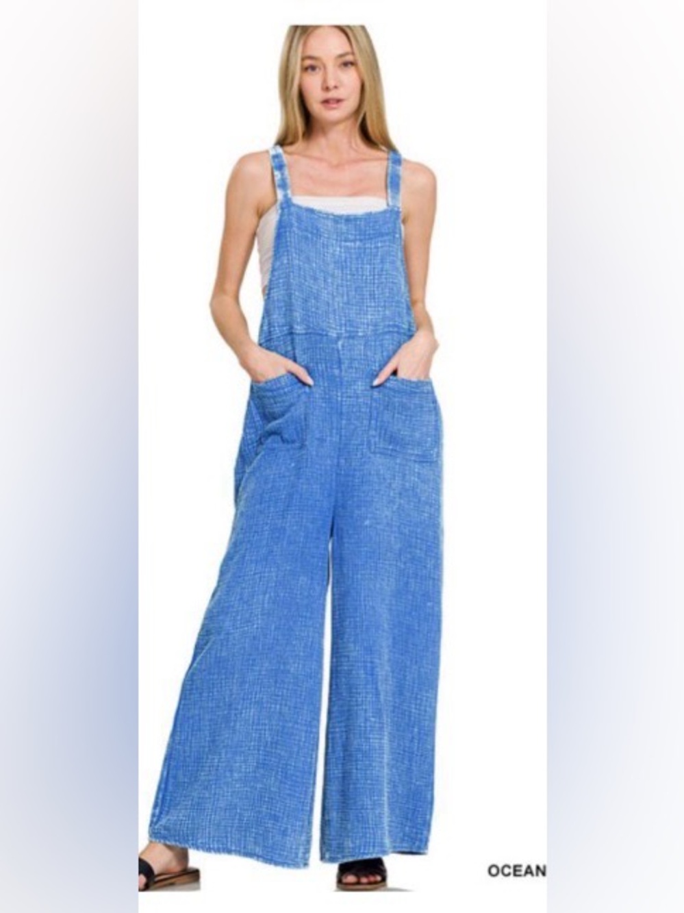 Zenana Gauze Overall in Ocean Blue M L
